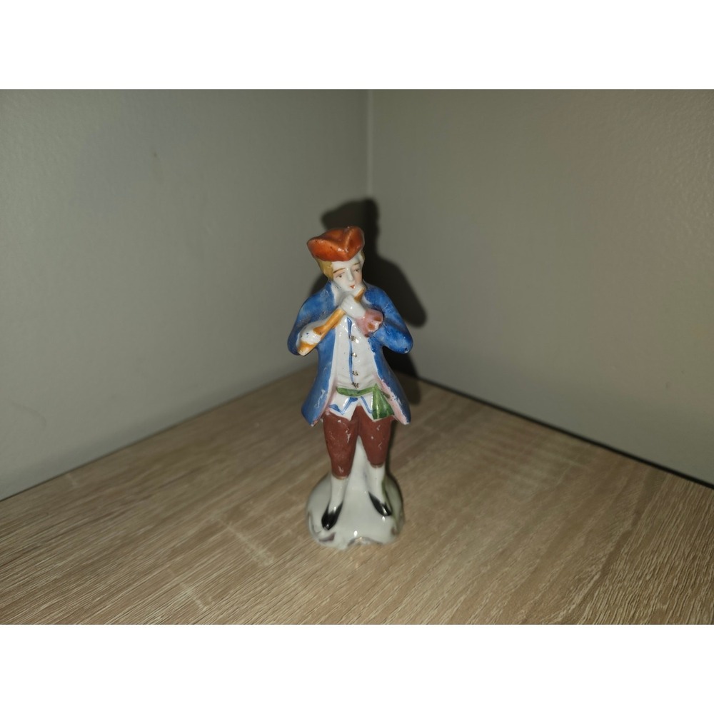 Vintage Occupied Japan Porcelain Figurine‎ Colonial Man Playing Flute Blue Coat